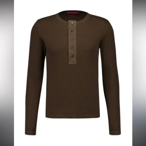Gucci ribbed brown long sleeve Henley tee shirt - Picture 1 of 5